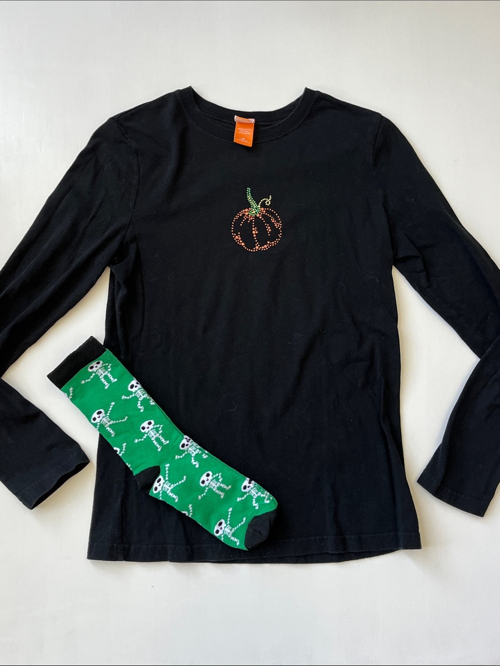 Fall Season Black Long Sleeve Tee with Glitter Pumpkin Design & Skeleton Socks